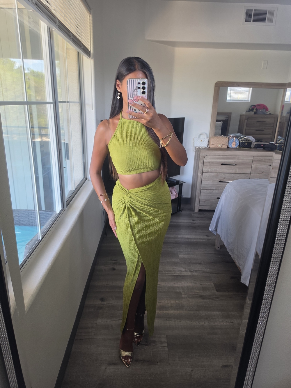 Olive Green Ribbed High-Slit Maxi Skirt - Women Skirt With Crop Top Very Stretch